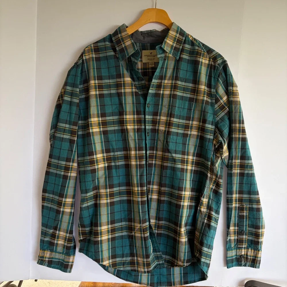 American Eagle Mens Seriously Soft Plaid Button Down Shirt Teal Yellow Classic M